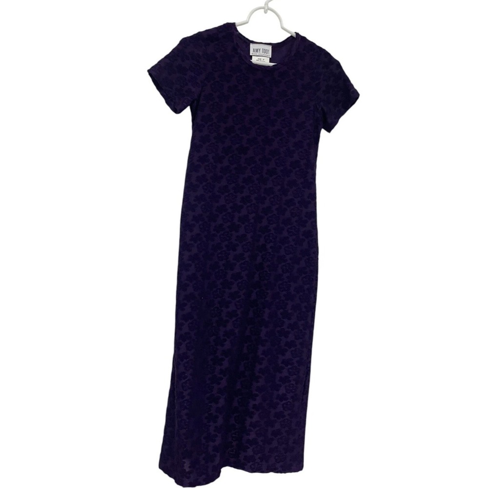 Amy Too! Purple Floral Textured Short Sleeve Maxi Dress Womens Size 12 Back Slit